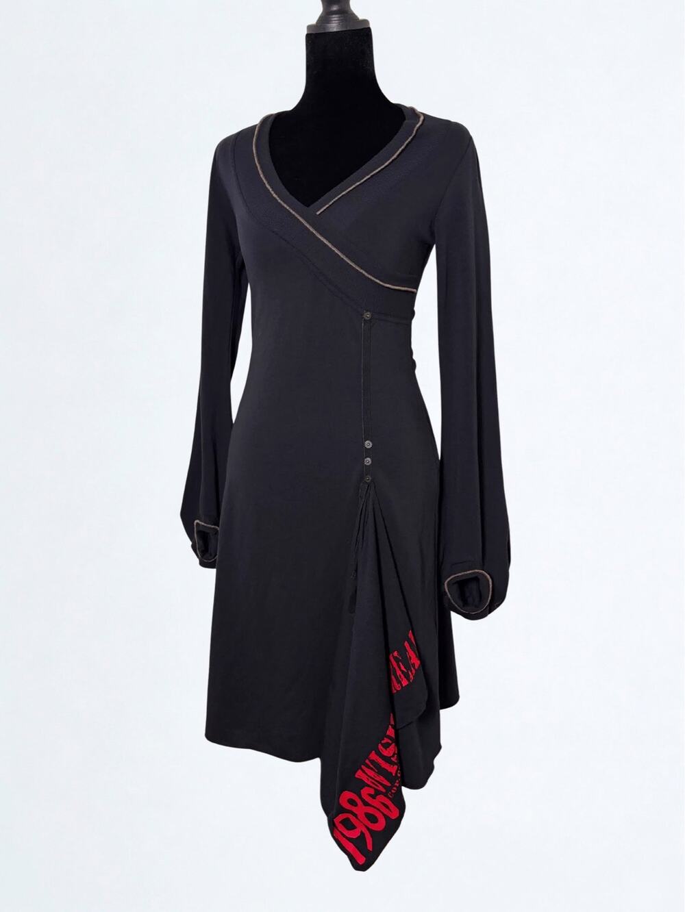 Vtg Y2K Cop Copine Black Long Balloon Sleeve Wrap Dress Red Graphic Print